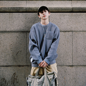 foundry 25AW日系简约百搭宽松落肩圆领套头口袋长袖 华夫格卫衣男