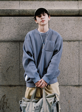 foundry 25AW日系简约百搭宽松落肩圆领套头口袋长袖华夫格卫衣男
