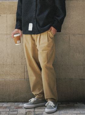 foundry25AW日系宽松简约百搭水洗复古做旧双褶微锥chino休闲长裤