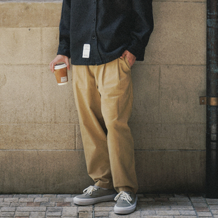 foundry25AW日系宽松简约百搭水洗复古做旧双褶微锥chino休闲长裤