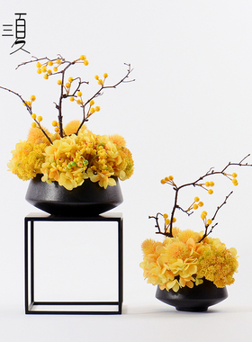 新中式黄色软装饰品盆景玄关博古架F墙柜售楼处洽谈桌餐厅花艺摆