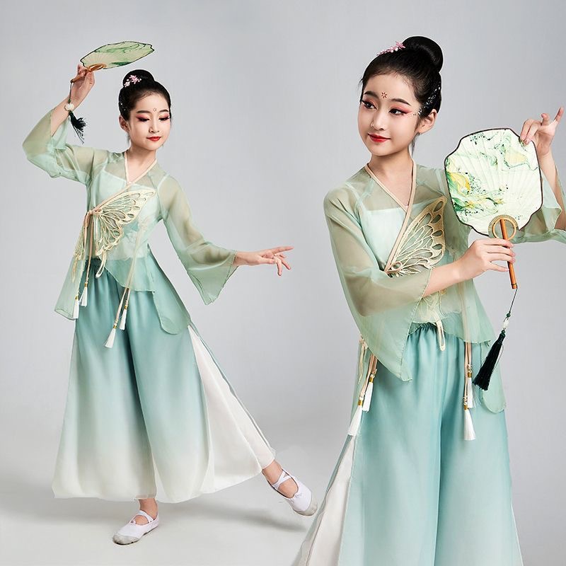 儿童古典古典舞舞蹈纱衣飘逸演出服扇子舞民族女童中国练功表演