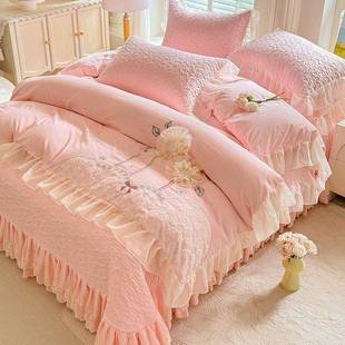 公主风通蕾丝花边夹棉床盖四件绣套pxx10038肤棉刺被套加厚三件套