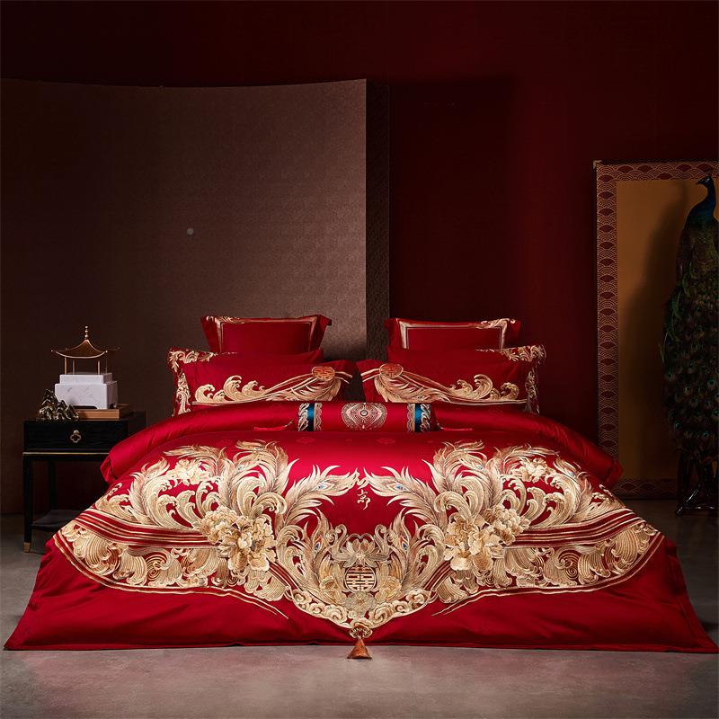 180支新8cEWnDTY式婚庆四件套纯贡缎大棉红中凤刺绣新婚房结婚床