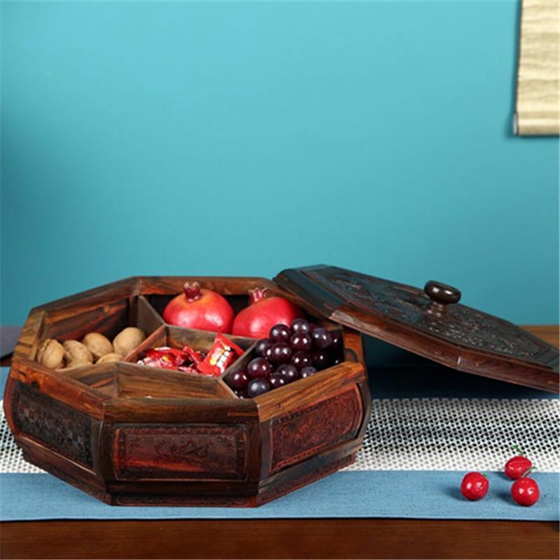 大红酸巴枝雕刻龙凤呈祥00113八角古典果盘木品质工艺0花0113