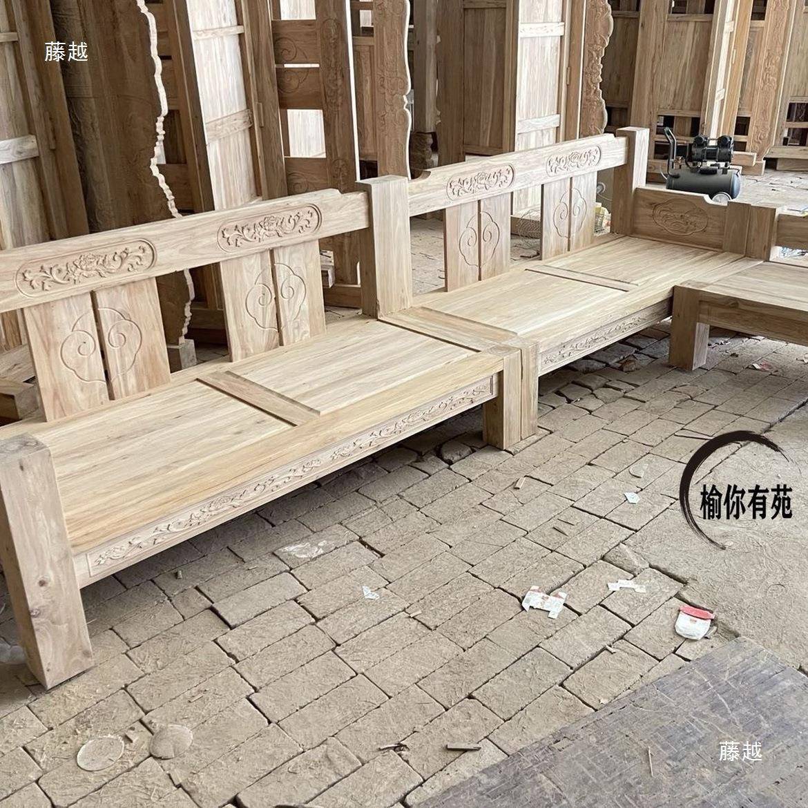 老榆木拐角沙发贵妃塌全实木梅兰竹菊转角客厅沙发组合