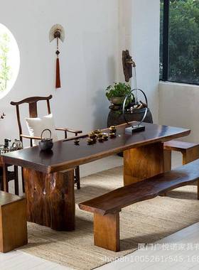 新中实木大板桌椅美茶观结实复茶古内式嵌RPZ式茶盘泡茶桌几