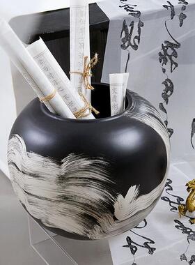 IWZ新软中式黑色水墨花瓶板房酒店书柜茶桌几面玄关黑样白花器装