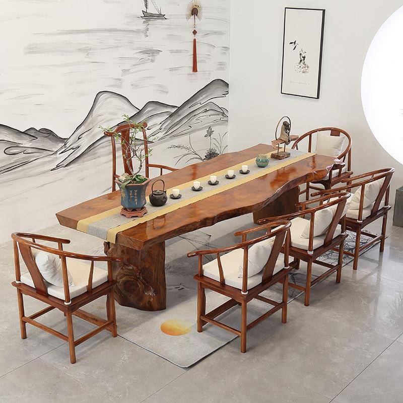 MZC新中式实茶家用客厅木泡桌茶桌椅组合不规则木整原板茶台大板