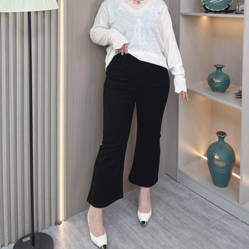 黑色九分牛仔裤女士春季大码新款高腰弹力胖mm小个子显瘦微喇裤子