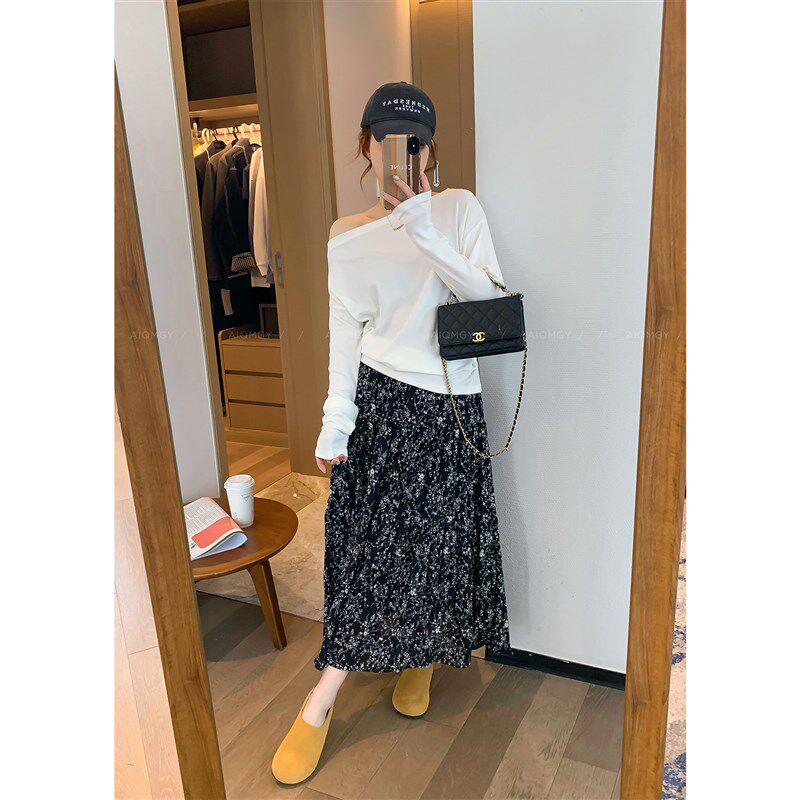 爱情魔鬼鱼 白色斜肩长袖纯色T恤女2025春季新款宽松显瘦百搭上衣