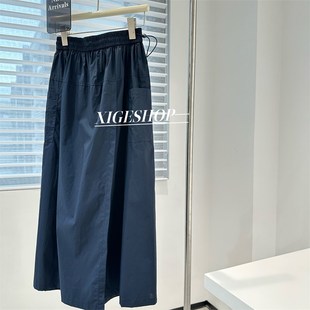 轻薄透气松紧腰抽绳阔腿裙裤 女夏季 半身裙中长款 藏蓝色侧口袋工装