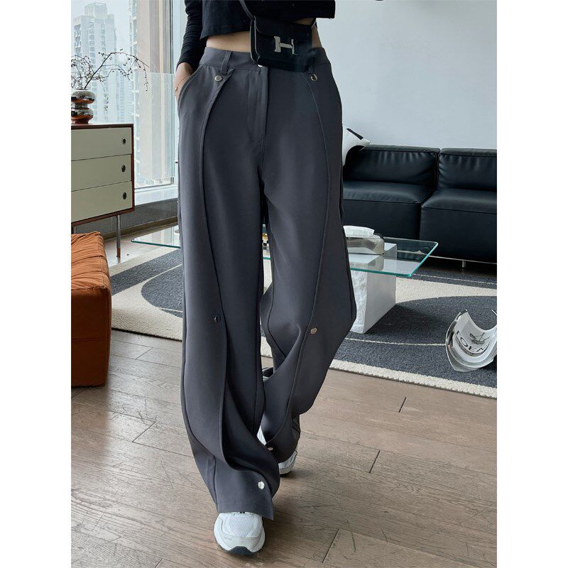 灰色显瘦不规则纽扣阔腿开叉西装裤女高腰垂感直筒休闲裤春秋裤子