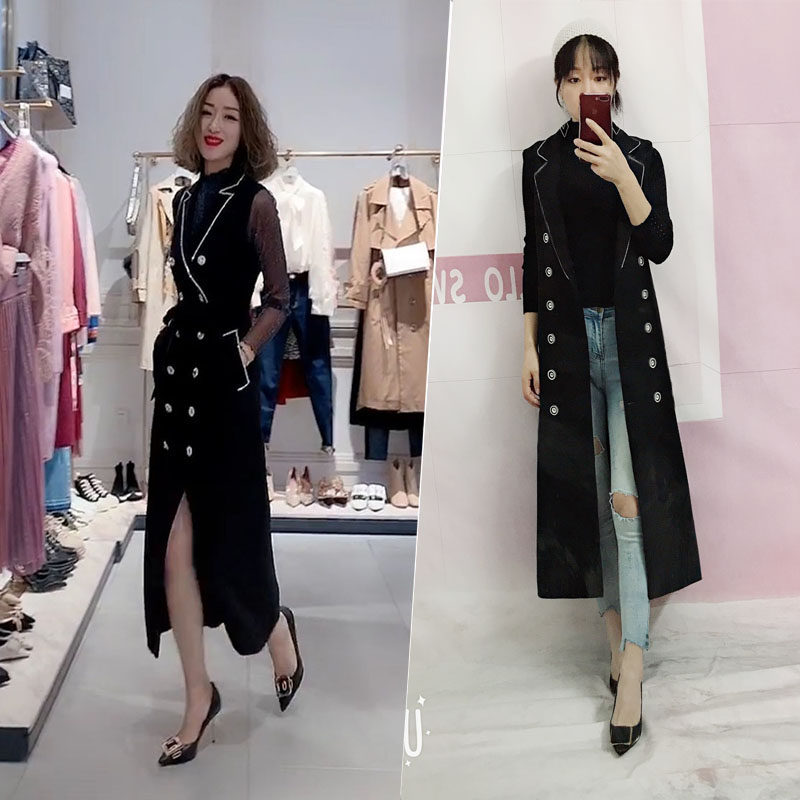 春秋长款镶钻赫本风背心裙双排扣织带无袖连衣裙系带西装领马甲潮