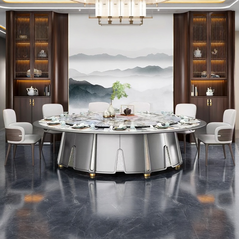 现代豪华酒店新中式豪华电动餐桌实木岩板大圆桌别墅大理石宴会桌