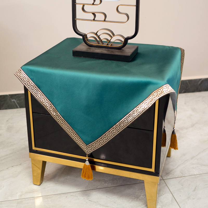 新中式墨绿长方桌布床头柜v盖布餐桌布茶几台布轻奢纯色防尘布定