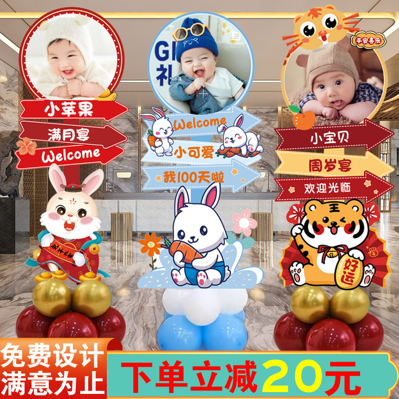 兔宝满月百天宴迎宾牌虎宝一周岁生日布置大头R娃娃照人形立牌k板