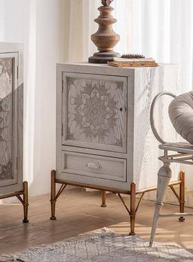 美式复花玄关柜沙发边柜收木纳柜子实餐古BNX边柜白色装饰柜储雕