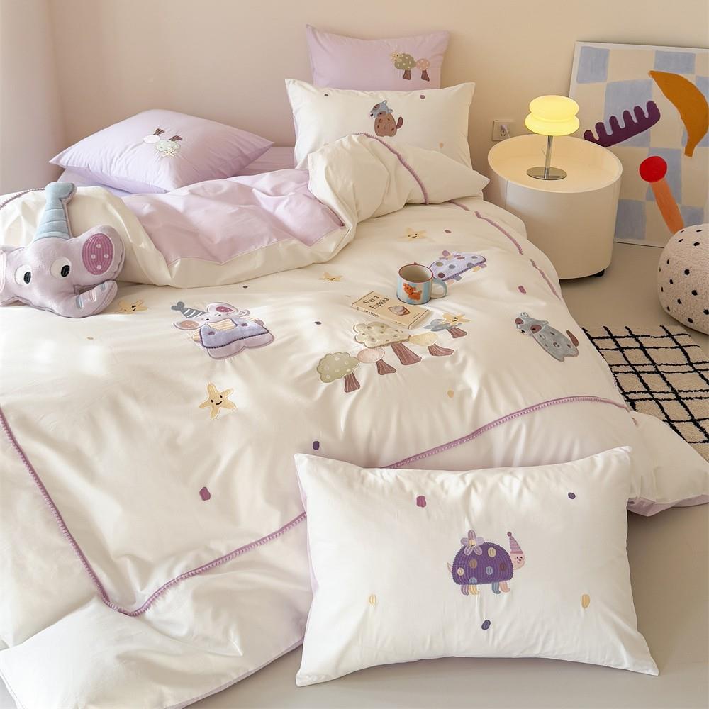 卡清新全棉水.洗棉四件套爱动物可刺绣FX纯棉被套儿童12/1通.5m床
