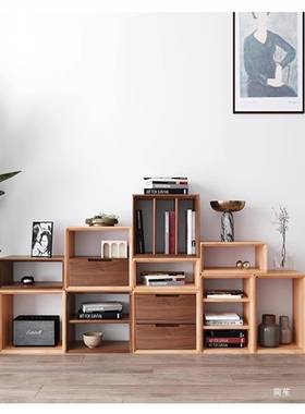 日式实客木格子柜自由组合收纳XIR厅落地方小单木柜窄个书柜原木
