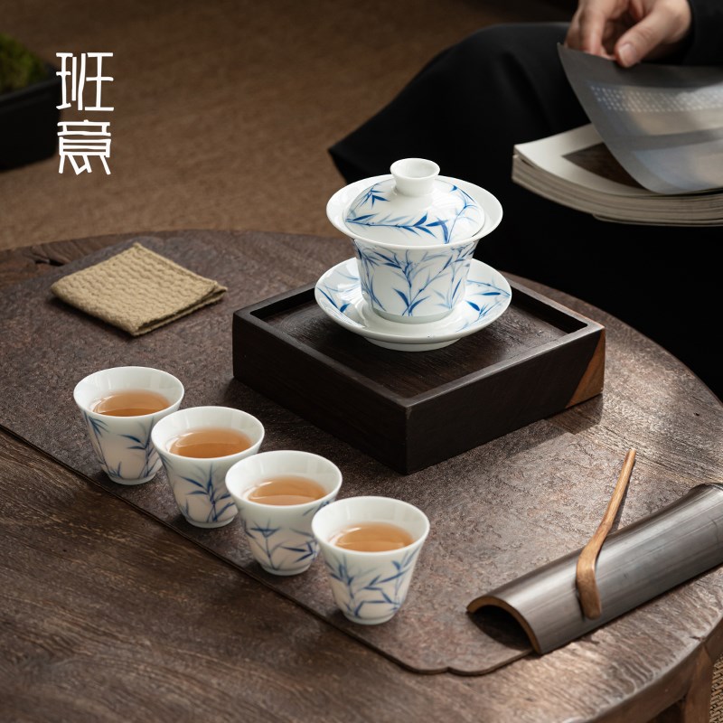 班意景德镇陶瓷手绘竹影白瓷盖碗手工功夫茶具三才茶碗敬茶杯大号