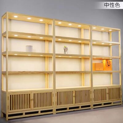 博古架实木新中式茶叶店收纳柜酒柜展示柜多宝阁带灯农产品展示架