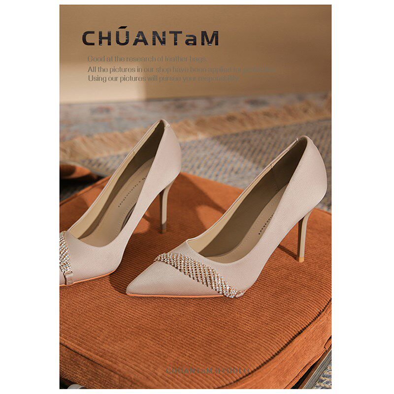 设计感小众高跟鞋女细跟2024秋冬女士舒适百搭款尖头水钻浅口单鞋