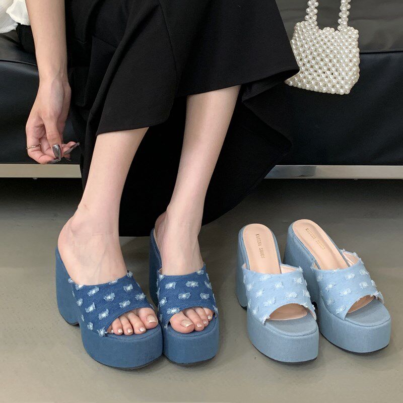 松糕厚底坡跟凉拖鞋女外穿夏季新款时尚牛仔布小个子增高百搭凉鞋