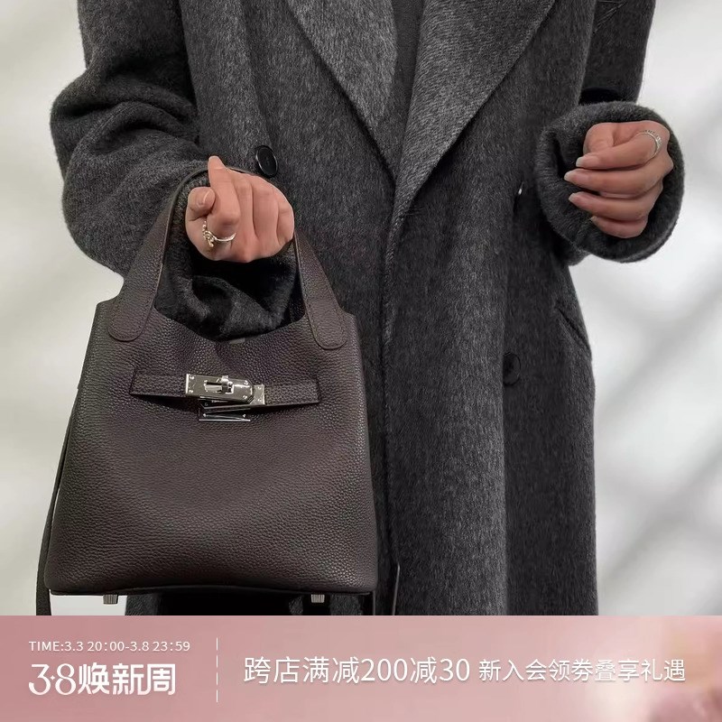 头层牛皮菜篮子包爆款女包2025新款复古百搭手提包单肩斜挎水桶包