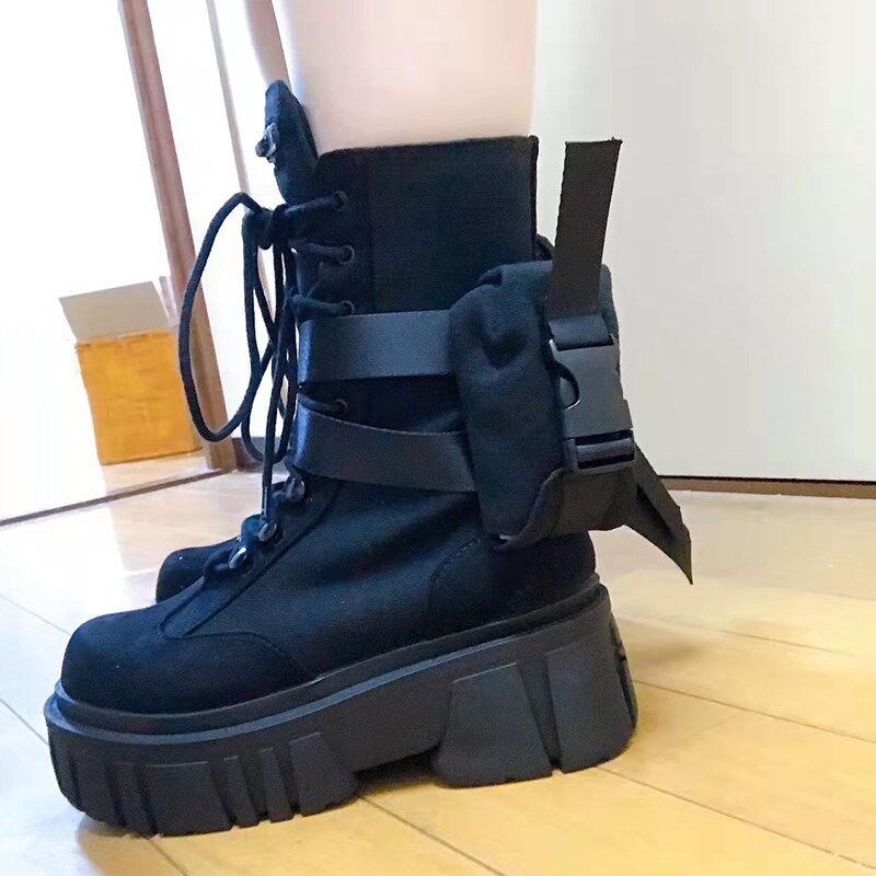 磨砂真皮工装马丁靴厚底中筒jennie鞋子酷松糕增高短靴女