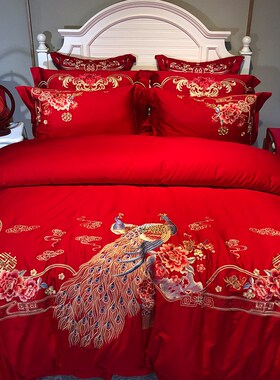 婚嫁刺绣新中式绣花全q棉婚庆结婚四件套红色新婚被套婚房床上用