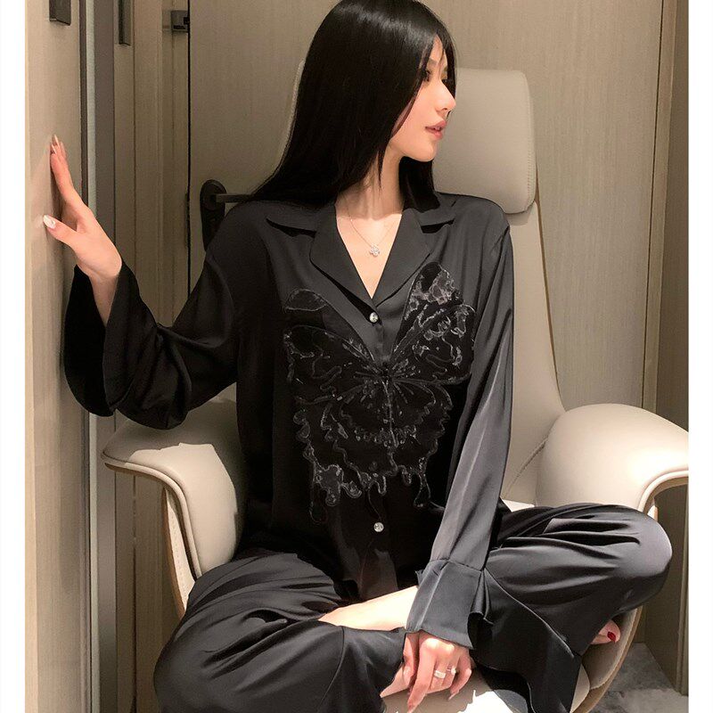 睡衣女款2024新款春款冰丝长袖薄款高级感纯欲夏季丝绸家居服套装