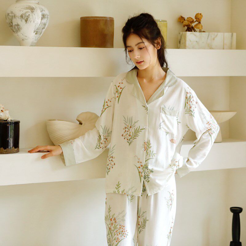 秋季翻领开衫睡衣女简约天竹纤维薄款清新印花舒适家居服撞色套装