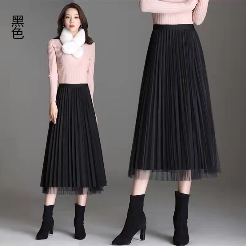 两面穿纱裙毛呢半身裙女2021秋冬高腰中长款a字黑色百褶裙网纱裙