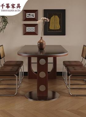 千慕中古风岩板实木餐桌椅组合HZI户家厅用小型复古半形圆饭桌客