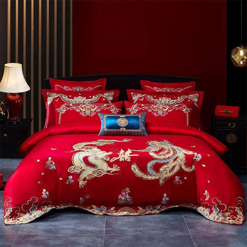 厂四家端婚高庆刺绣套100支纯棉大红件结婚床上DOP用品多件套