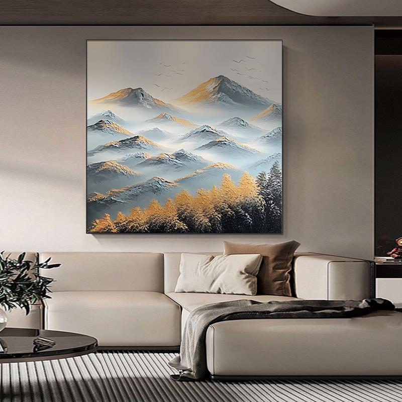 《云森雾山峰肌理手绘芬村油画林大风景方形玄云雾山峰关壁画》入