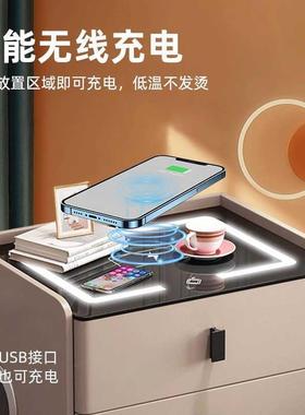 智能简易柜网实木家用多现代带红床边柜灯卧室RYD软包功能整装免