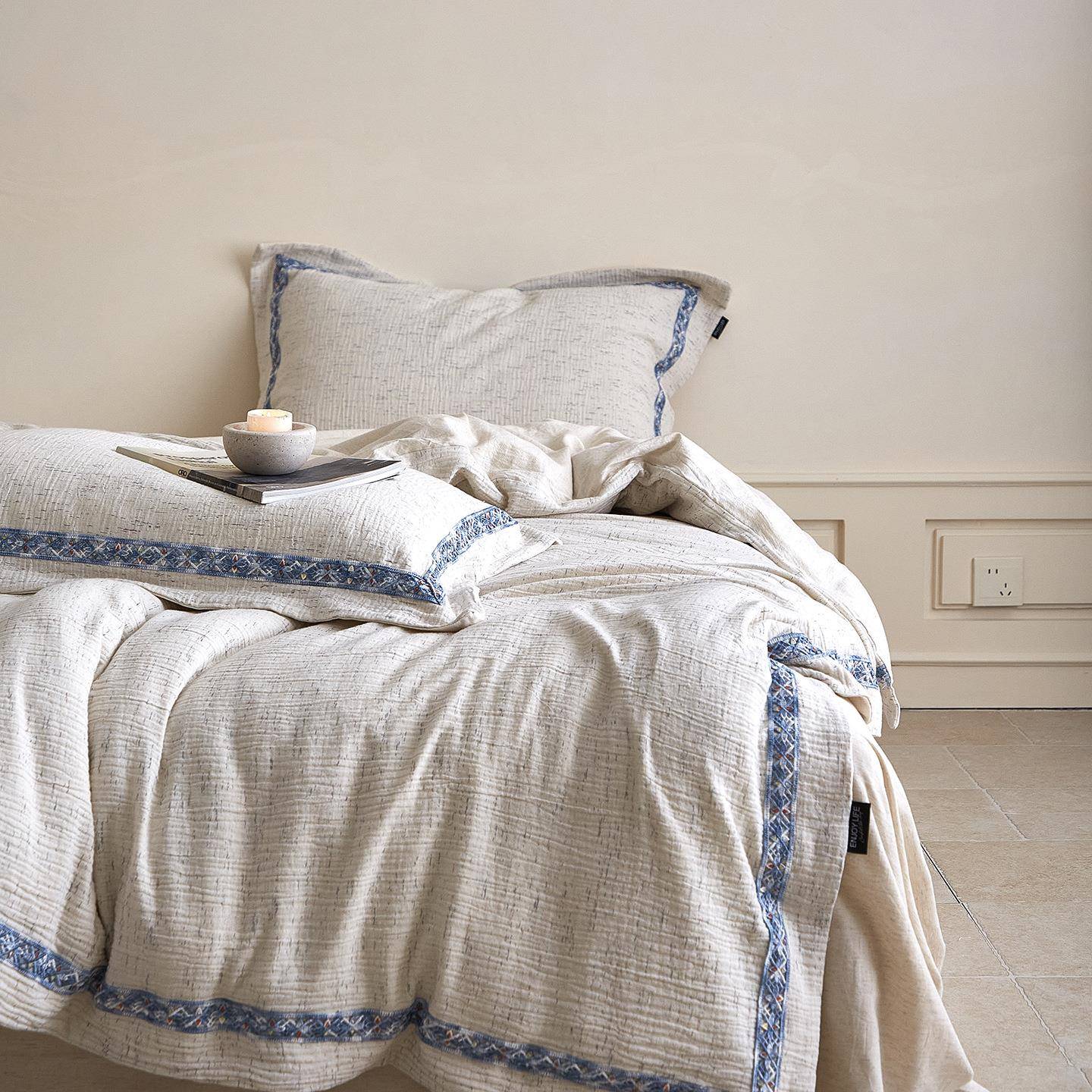 肤棉麻丨A类爽棉麻色织提床单被套四件品套20%亚XB001麻花床简约