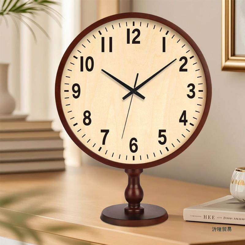 实奶油风QWB座钟客厅中古风桌木面钟摆件时台式钟表摆放电视摆柜