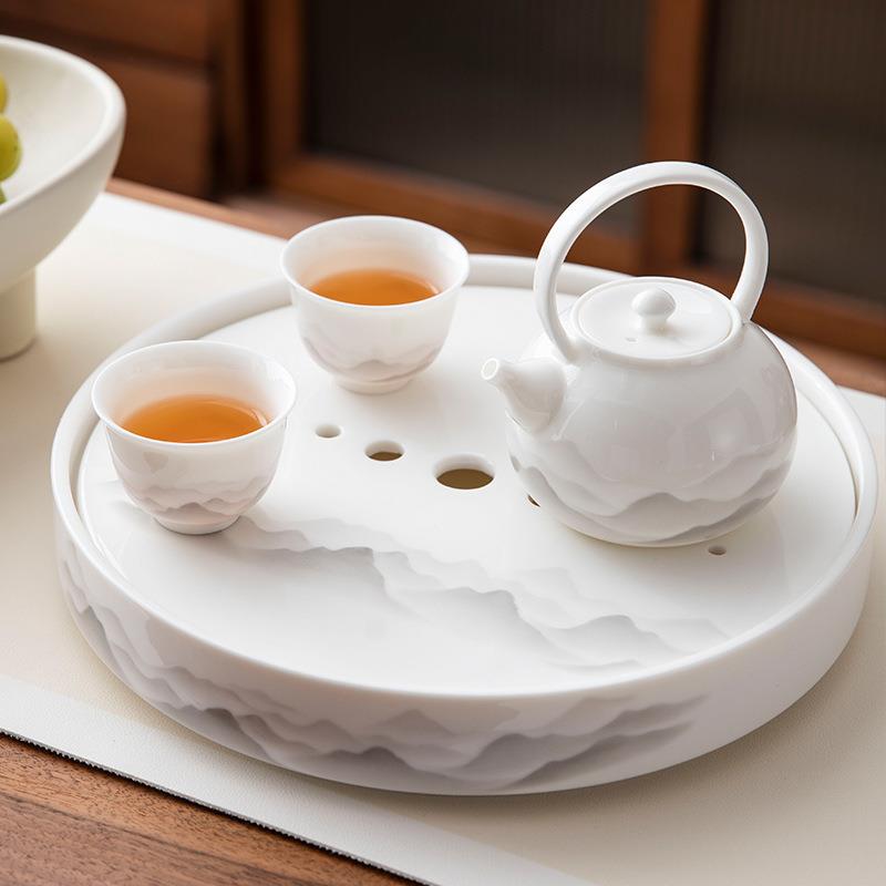 几欢羊脂、玉水墨白茶瓷茶盘水小干型泡台圆形家用高档具托盘储式