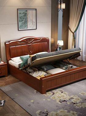 实木床现代式主卧双人床.1米白8色高箱婚ONB床中橡胶木家具1.5M