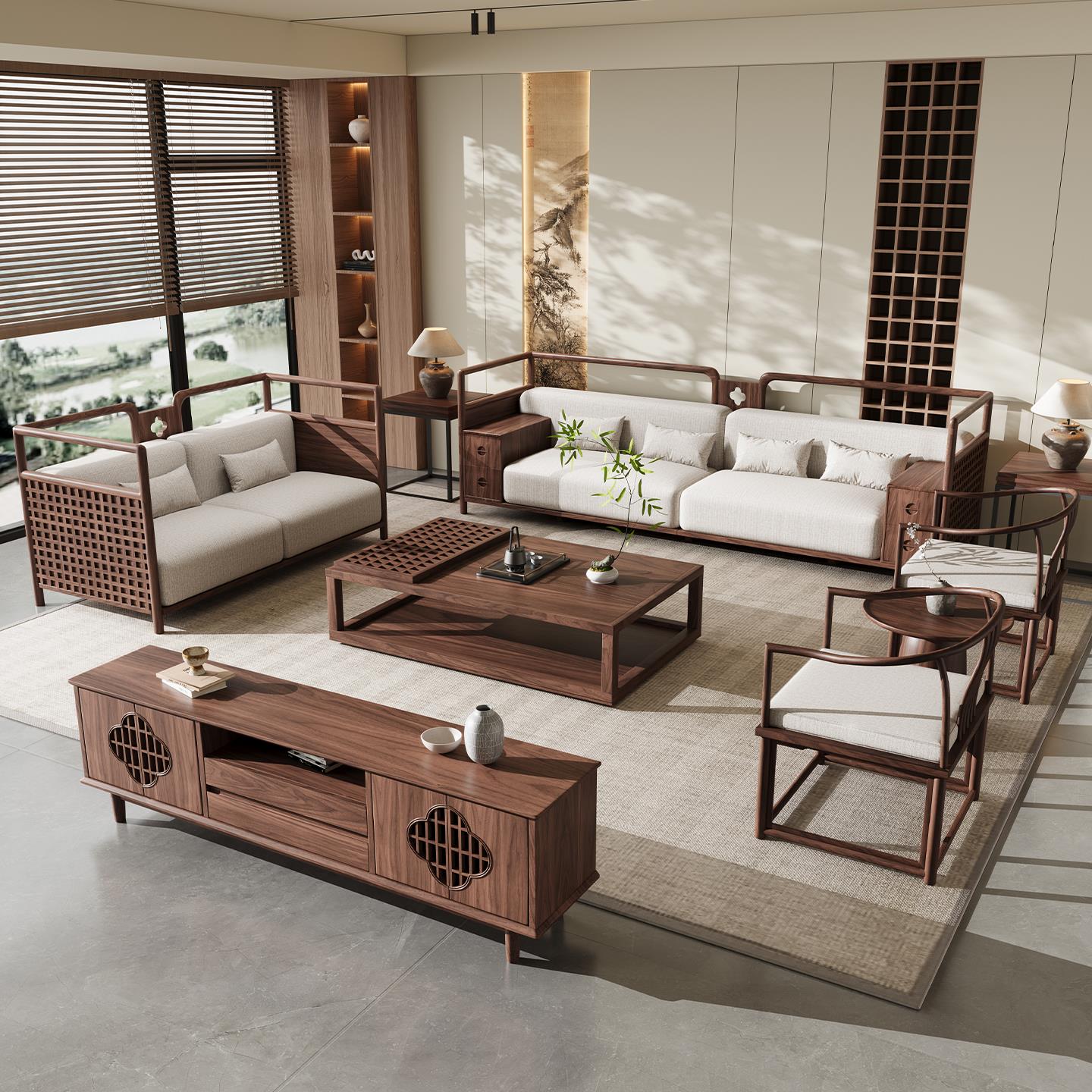 2025新款北美黑胡桃客厅全实木沙发中式卡座直排宋式美学高端家具