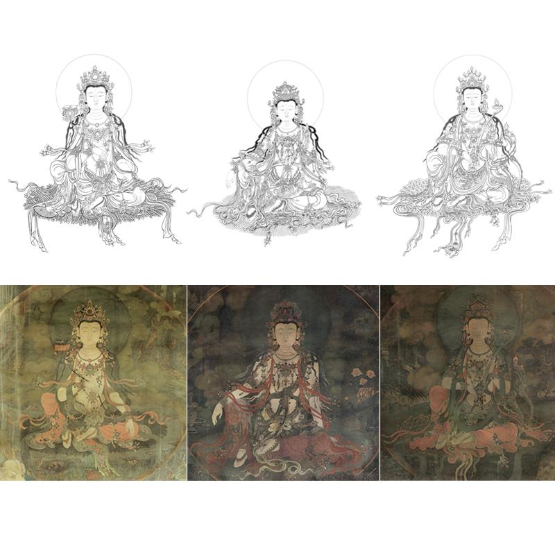 水月观音菩萨文殊大普贤白描底稿工笔画线描壁画高清实物打印勾线