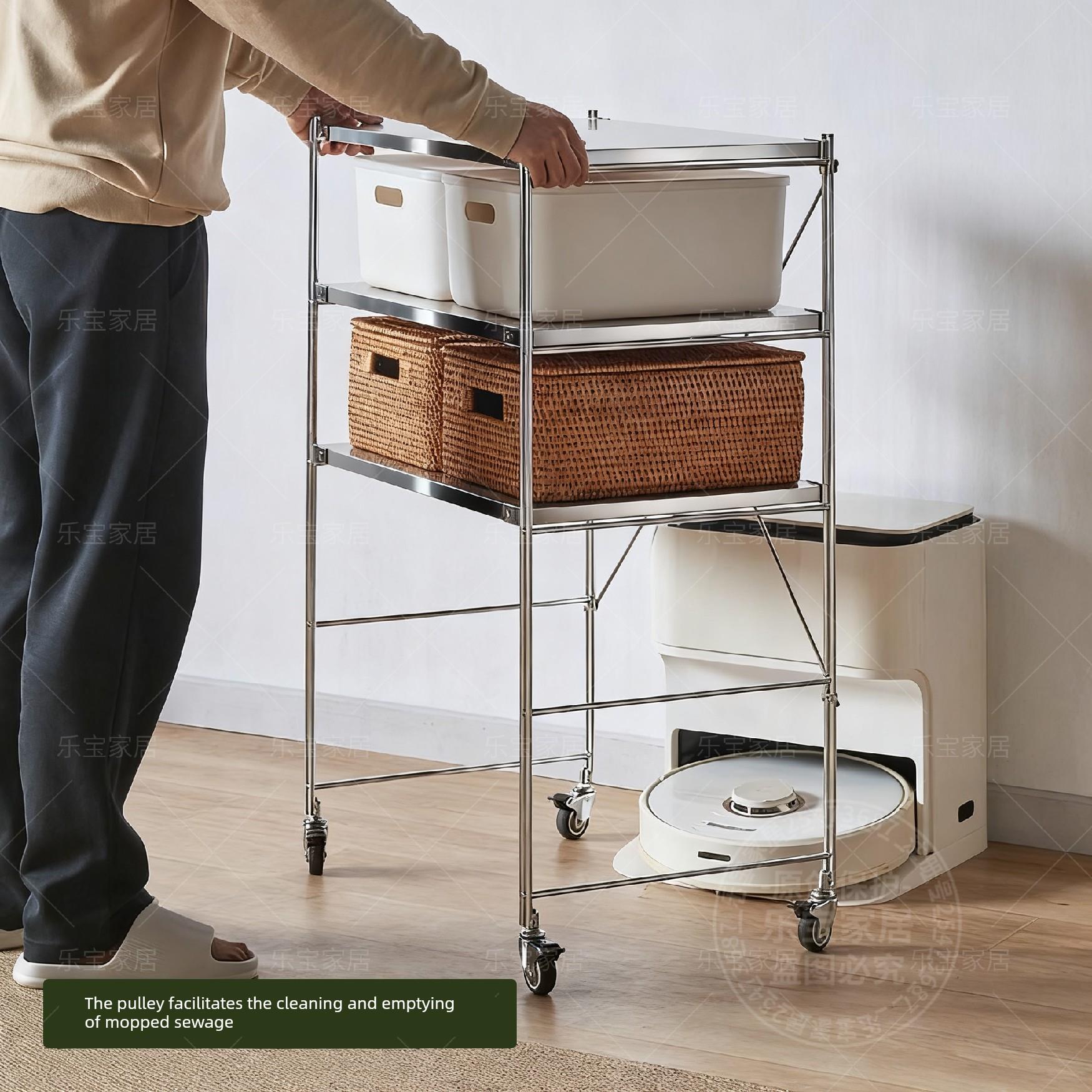 日式不锈钢扫地机器人置物架阳台客厅收纳架带轮子落地猫砂盆架子