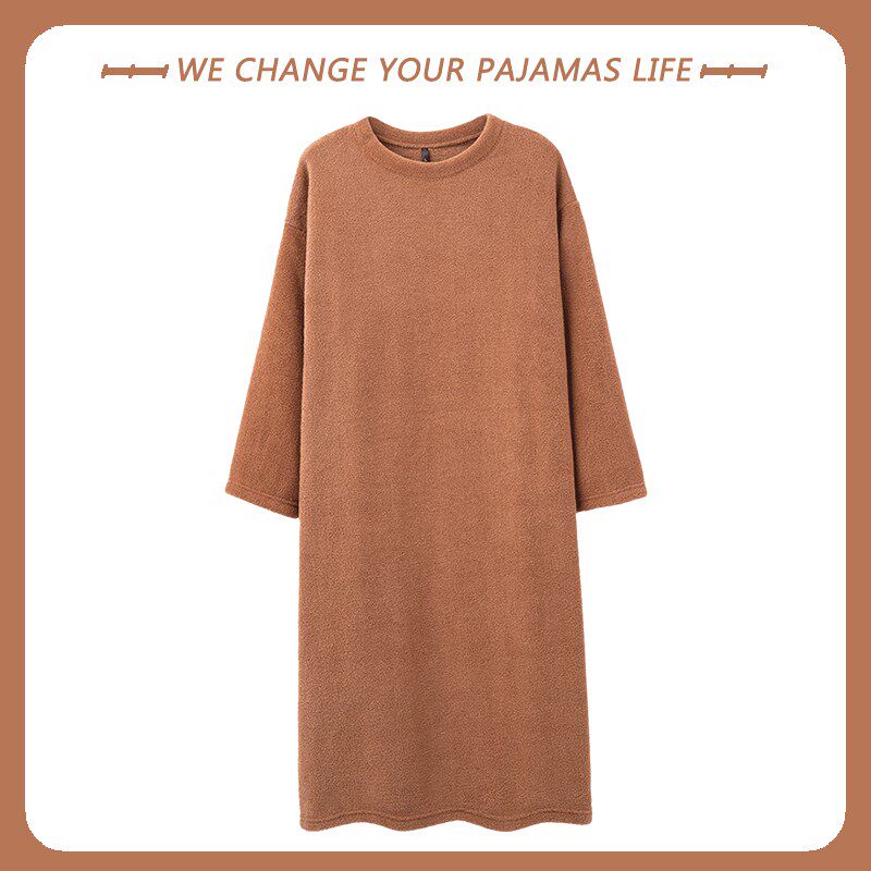 睡裙女秋冬季柔软半边绒睡衣纯色加绒加厚保暖休闲家居服连衣裙子