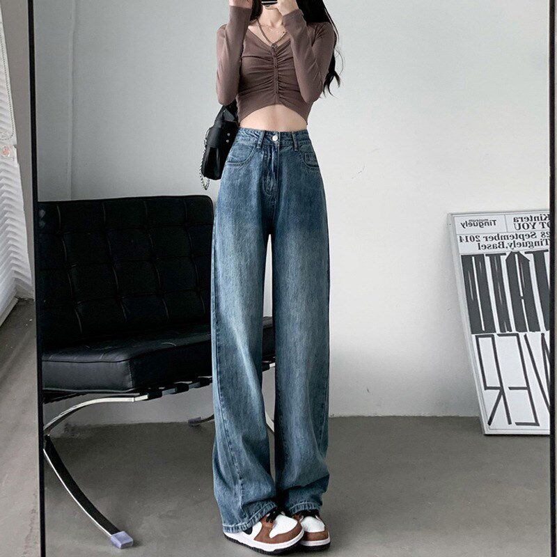 韩版垂坠感阔腿牛仔裤女春秋冬腰新款宽松直筒显瘦大码拖地长裤子