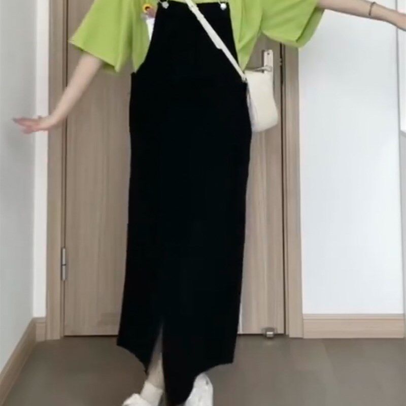 黑色牛仔背带裙大码胖mm腿粗胯宽屁股大梨形身材裙子不规则吊带裙