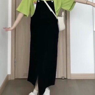 黑色牛仔背带裙大码胖mm腿粗胯宽屁股大梨形身材裙子不规则吊带裙