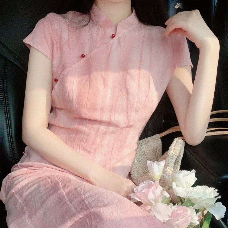 新中式国风粉色别致绝美旗袍连衣裙阔腿裤两件套装女夏季新款气质